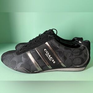 COACH June Lace Up Sneakers Shoes Logo Fabric Suede Leather Black Size 8.5